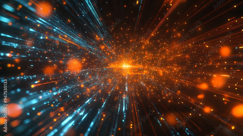 Glowing particles create a 3D effect against a sci-fi background. The particles form a grid with lines and surfaces, resembling a microcosm or space. Glowing particles create a 3D effect against a sci-fi background. The particles form a grid with lines and surfaces, resembling a microcosm or space.