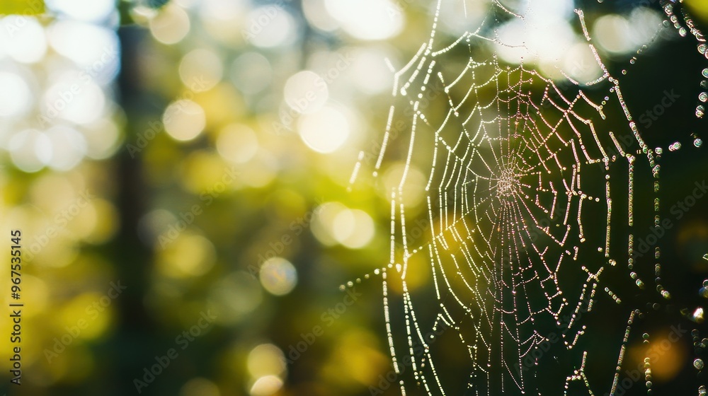 Spider Web with Dew Drops in the Forest Spider Web with Dew Drops in the Forest