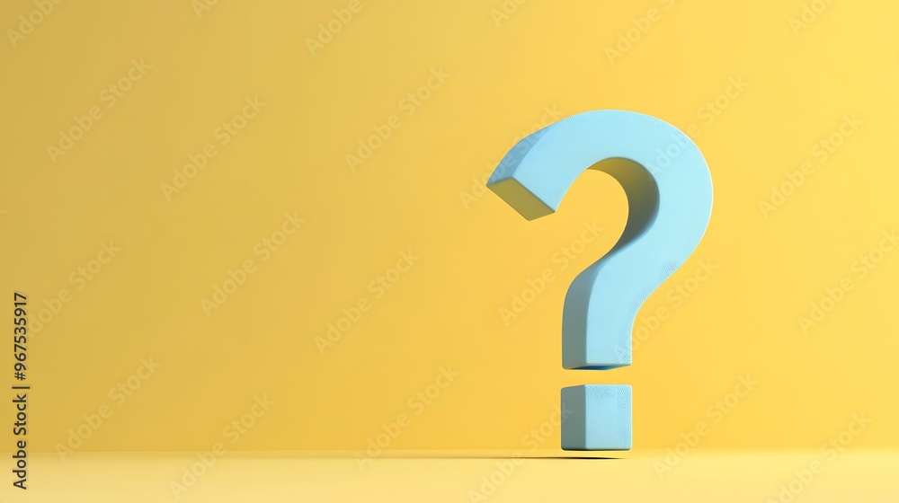Blue 3D question mark, pastel yellow background, minimalist design, geometric shape, soft shadows, clean aesthetic, vibrant colors, abstract concept, curiosity symbol. Blue 3D question mark, pastel yellow background, minimalist design, geometric shape, soft shadows, clean aesthetic, vibrant colors, abstract concept, curiosity symbol.