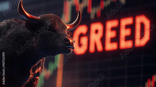 bull standing in front of rising market chart with shining word 