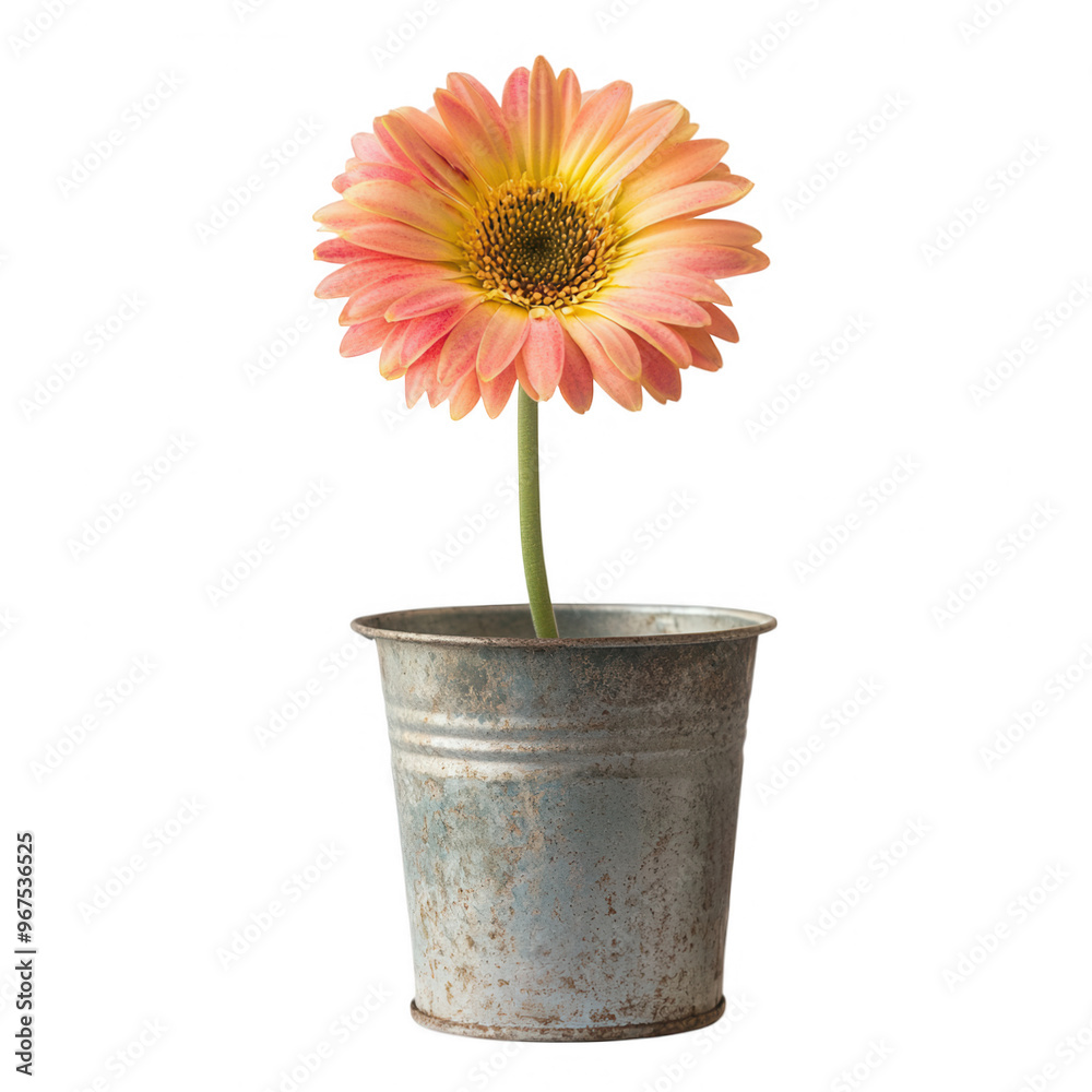 A pink flower in a rustic metal pot, symbolizing beauty and nature. A pink flower in a rustic metal pot, symbolizing beauty and nature.