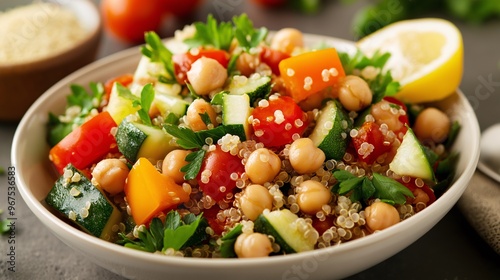 Quinoa Chickpea Salad: A vibrant and healthy quinoa salad brimming with fresh vegetables, chickpeas, and a squeeze of lemon, perfect for a light and flavorful lunch or dinner. 