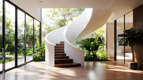 Bright modern foyer  spiral staircase  brown hardwood floors  natural light  potted plants  minimalist decor  spacious interior  open concept  luxury home entrance.