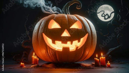 Creepy Halloween setup featuring a scary Jack O'Lantern pumpkin with smoke and candles glowing against a dark background, creating a spooky and festive vibe.