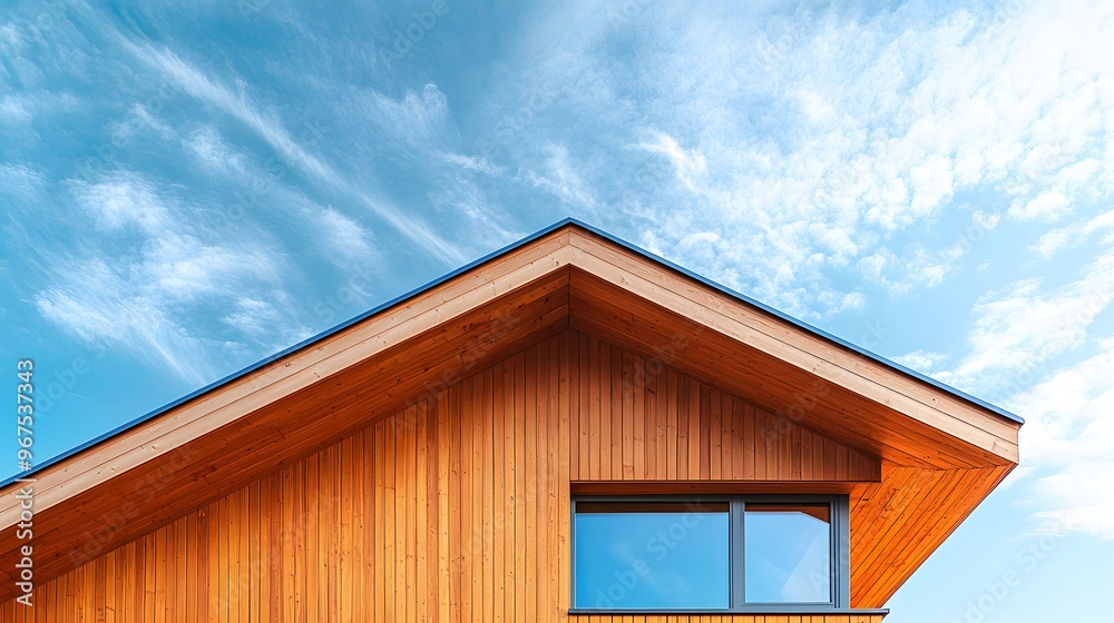Brown wooden house, eco-friendly architecture, timber construction, overhanging roof, modern cabin design, blue sky background, cirrocumulus clouds, sustainable living. Brown wooden house, eco-friendly architecture, timber construction, overhanging roof, modern cabin design, blue sky background, cirrocumulus clouds, sustainable living.