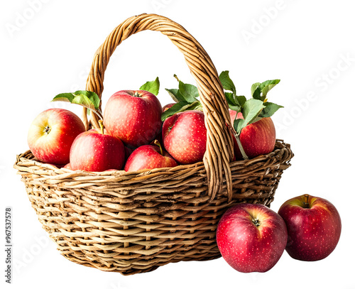 Fresh red apples in a wicker basket isolated on transparent background