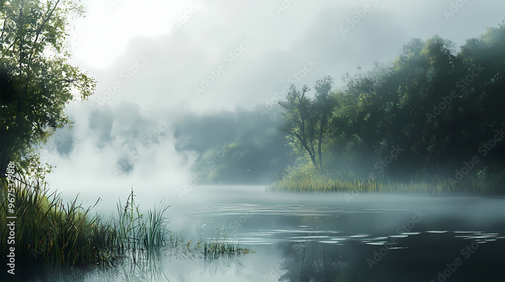 Fototapeta premium A mysterious, fog-covered lake in the early morning. Foggy Morning. Illustration