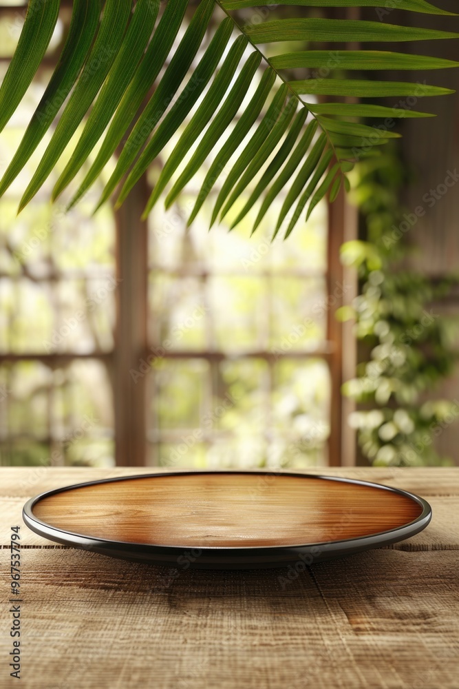 Fototapeta premium Empty round wooden podium with hanging plant above and sun rays. Mockup concept for product presentation