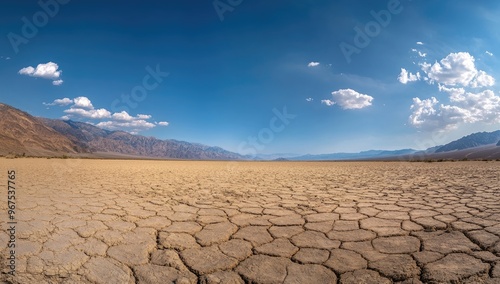 Arid Landscape: Dry Cracked Earth Under a Blue Sky