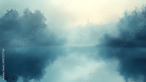 A mysterious, fog-covered lake in the early morning. Foggy Morning. Illustration photo