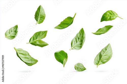 Fresh green basil leaves falling on white background