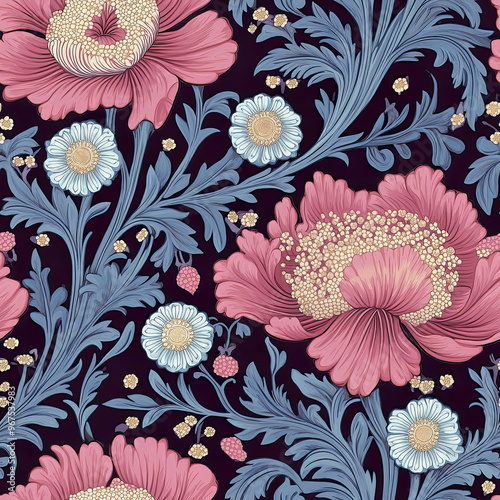 A lush floral design featuring intricate pink and blue flowers. Seamless pattern.