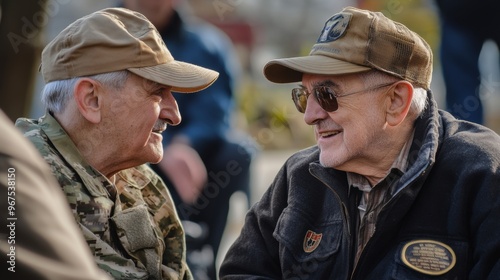 Elderly veterans sharing stories in a park