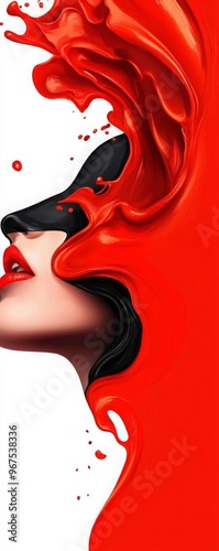 Vibrant art showcasing a woman's profile in the flow of dynamic red paint, symbolizing passion and creativity. photo