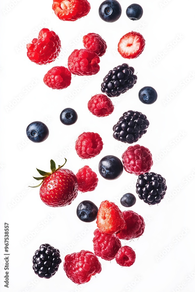 Fresh ripe berries floating on white background Fresh ripe berries floating on white background