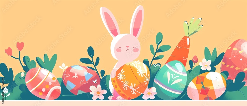 Easter egg hunt, Easter treats, cartoon carrots, spring icons, flat design illustration Easter egg hunt, Easter treats, cartoon carrots, spring icons, flat design illustration