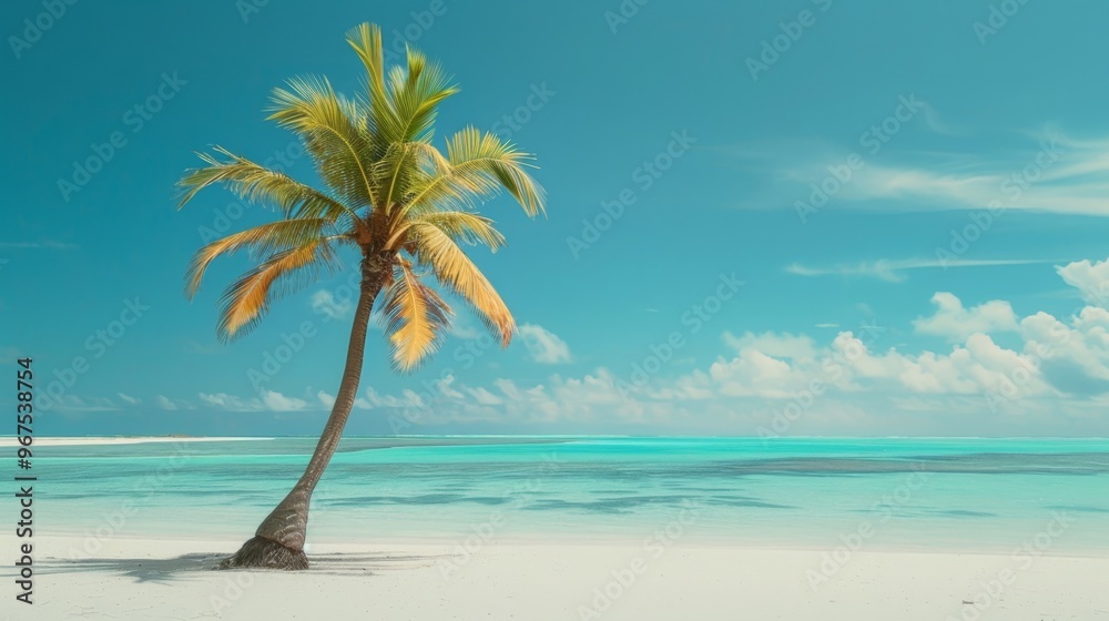 Fototapeta premium Swaying palm tree on a serene beach with turquoise waters and a clear sky. A perfect tropical escape for relaxation and vacation.