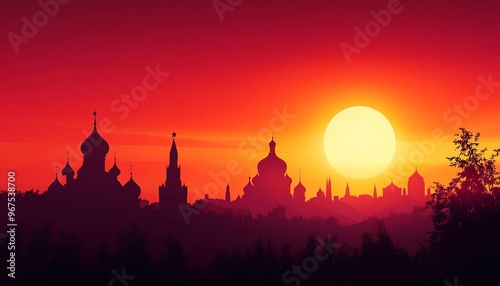 Stunning sunset silhouette of historic buildings against a vibrant red sky, creating a captivating and peaceful atmosphere.