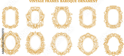 Set of golden oval vintage frames and borders, arabesque, Baroque, filigree engraving ornamental, vector design element