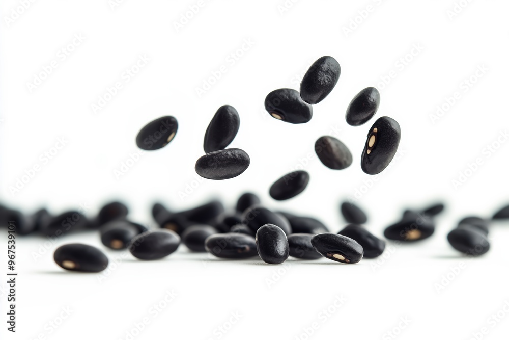 Black beans falling and rebounding on white background Black beans falling and rebounding on white background