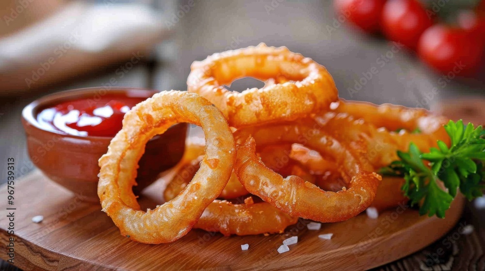 golden onion rings served with ketchup on a wooden board