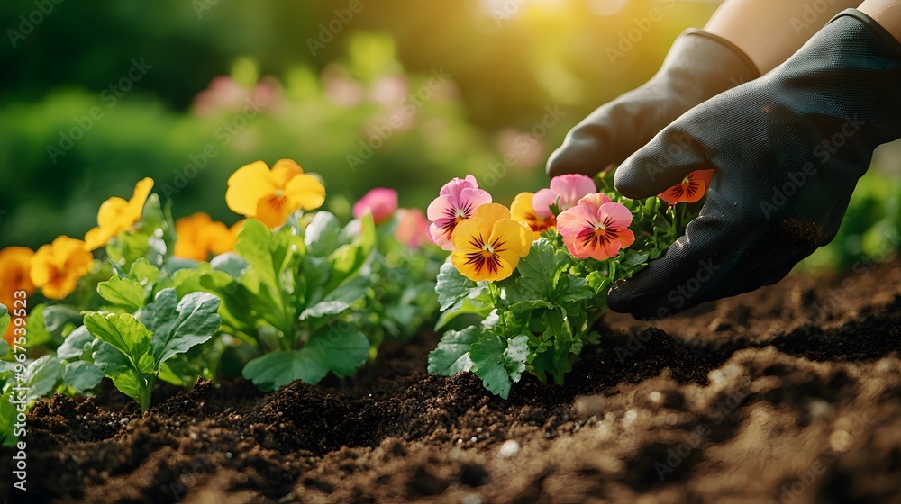 Hands planting flowers, close-up shot, gardening gloves, rich brown soil, vibrant flower petals, green leaves, sunlight filtering through, shallow depth of field. Hands planting flowers, close-up shot, gardening gloves, rich brown soil, vibrant flower petals, green leaves, sunlight filtering through, shallow depth of field.