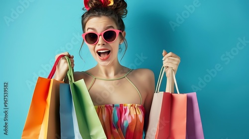 Portrait of an Excited Beautiful Girl in Dress and Sunglasses Holding Shopping Bags, Isolated on Blue Background