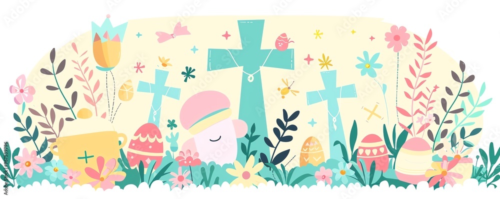 Cute crosses, religious symbols, Easter bonnet, Easter brunch, pastel colors, flat design illustration Cute crosses, religious symbols, Easter bonnet, Easter brunch, pastel colors, flat design illustration