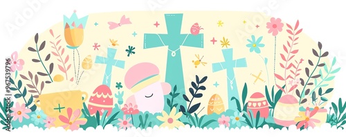 Cute crosses, religious symbols, Easter bonnet, Easter brunch, pastel colors, flat design illustration