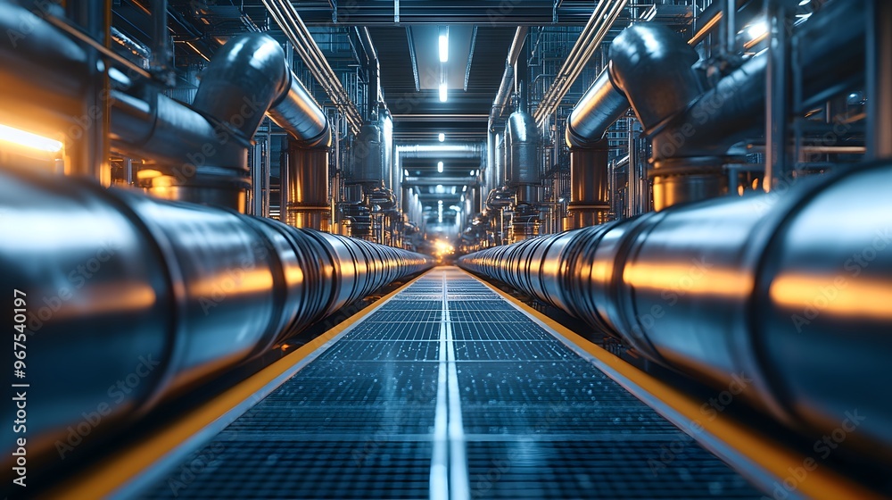 Industrial pipelines, bright lighting, metallic tubes, factory interior, complex machinery, symmetrical composition, depth of field, polished steel, industrial engineering. Industrial pipelines, bright lighting, metallic tubes, factory interior, complex machinery, symmetrical composition, depth of field, polished steel, industrial engineering.
