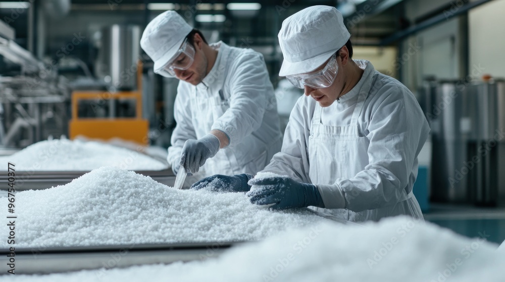 Industrial Workers Handling White Granules in a Factory Industrial Workers Handling White Granules in a Factory