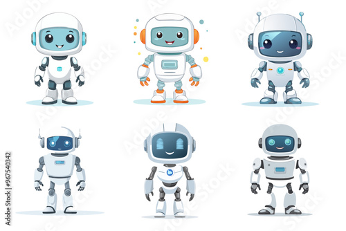 Cute Cartoon Robot Icon Front View | Adorable Friendly Robot Character Illustration | Flat Colorful Robot Head Vector Set for Kids Game App Web Sticker
