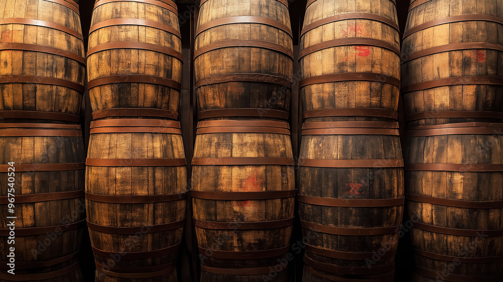Collection of wooden barrels is neatly stacked in a dimly lit room. The warm tones and aged wood emphasize the traditional craftsmanship of barrel-making. Collection of wooden barrels is neatly stacked in a dimly lit room. The warm tones and aged wood emphasize the traditional craftsmanship of barrel-making.
