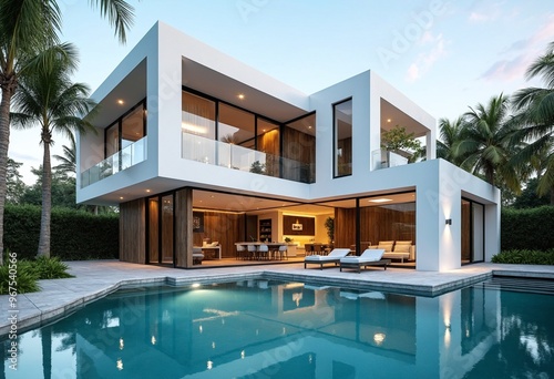 Exterior of amazing modern minimalist cubic villa with large swimming pool among palm tree