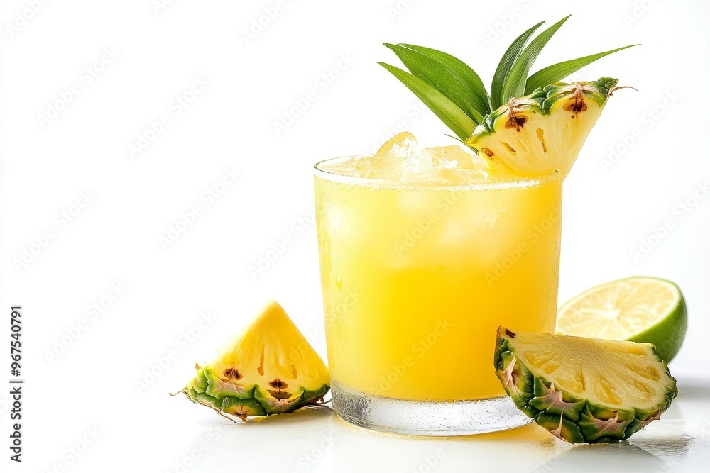 Refreshing Tropical Cocktail with Ice and Pineapple on White Background, Close-Up View Refreshing Tropical Cocktail with Ice and Pineapple on White Background, Close-Up View