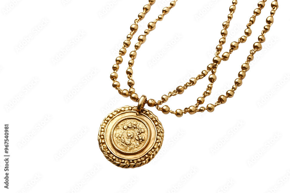 Elegant gold necklace with a detailed pendant design on display isolated on transparent background Elegant gold necklace with a detailed pendant design on display isolated on transparent background