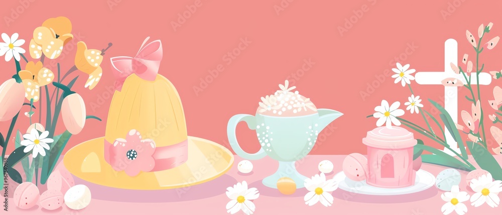 Easter bonnet, Easter brunch, pastel colors, cute crosses, religious symbols, flat design illustration Easter bonnet, Easter brunch, pastel colors, cute crosses, religious symbols, flat design illustration