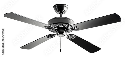 Modern black ceiling fan with four blades for home cooling isolated on transparent background photo