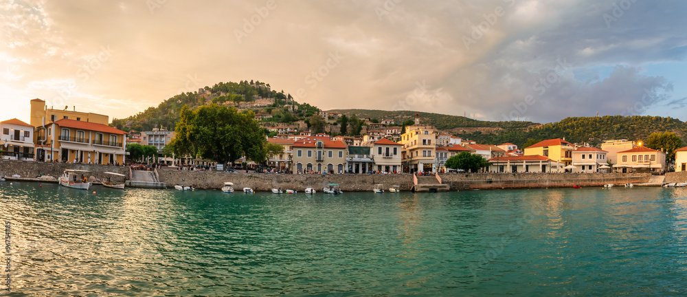 Panoramic view of Nafpaktos in Greece against a dramatic sky.
Panoramic view of Nafpaktos in Greece against a dramatic sky.