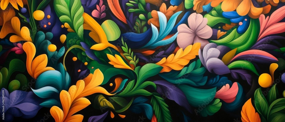 A vibrant and colorful abstract illustration featuring twisting leaves and flowers in a harmonious blend of shapes and colors. A vibrant and colorful abstract illustration featuring twisting leaves and flowers in a harmonious blend of shapes and colors.