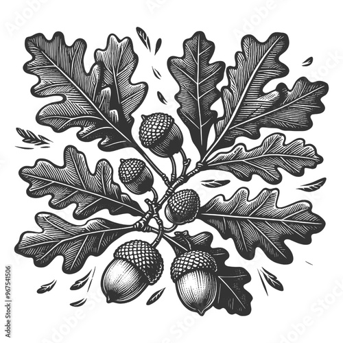 oak leaves and acorns, detailed botanical artwork in a vintage style, for nature or autumn themes sketch engraving generative ai vector illustration. Scratch board imitation. Black and white image.