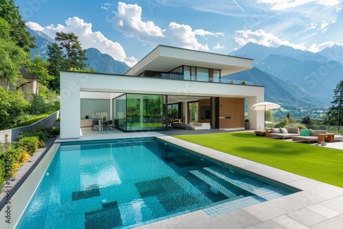 Modern house with pool and green lawn, mountains and blue sky, sunny day, panoramic window, minimalistic design, bright colors, high resolution.