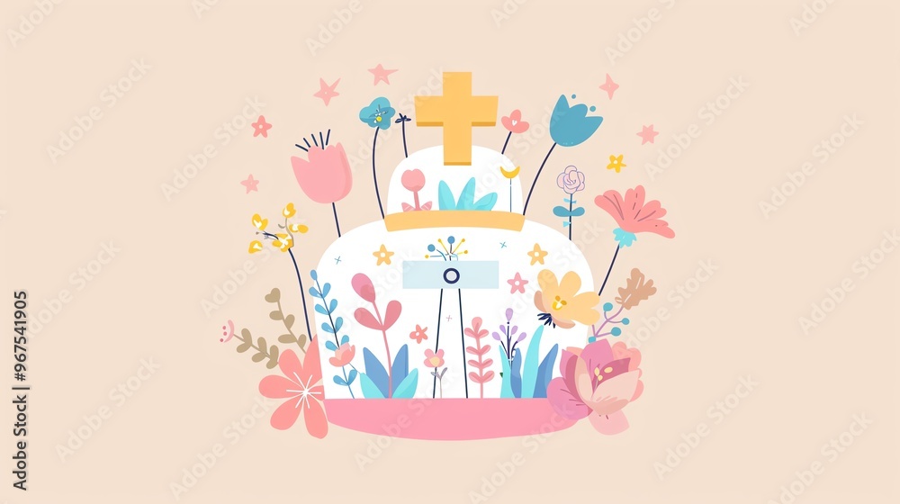 Easter bonnet, cute crosses, Easter brunch, pastel colors, religious symbols, flat design illustration Easter bonnet, cute crosses, Easter brunch, pastel colors, religious symbols, flat design illustration