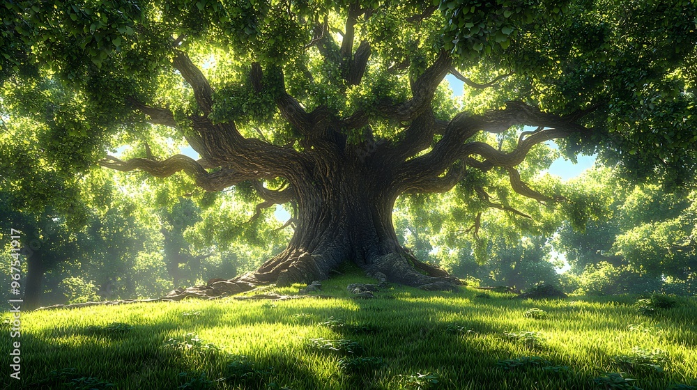 Fototapeta premium Majestic ancient oak tree, vibrant green foliage, expansive canopy, intricate root system visible, bright sunlight filtering through leaves, lush grass surrounding tree base.
