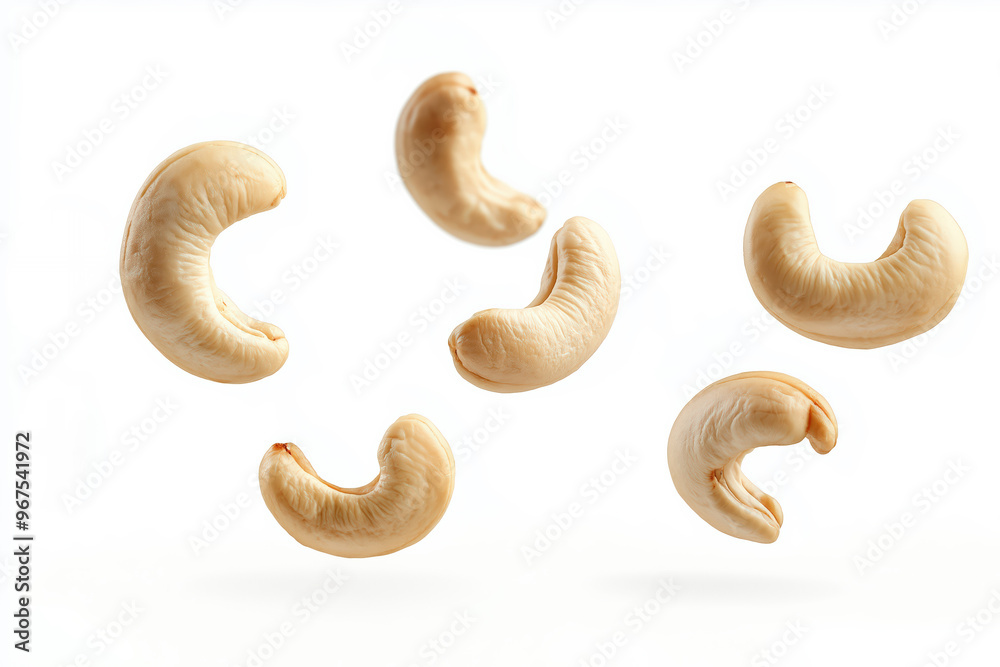 Roasted cashew nuts floating on white background Roasted cashew nuts floating on white background