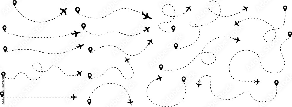 Airplane icon set. Air transport symbol. Airplane icon vector with dotted line. Flat travel illustration. Travel symbol. Vector EPS 10 Airplane icon set. Air transport symbol. Airplane icon vector with dotted line. Flat travel illustration. Travel symbol. Vector EPS 10