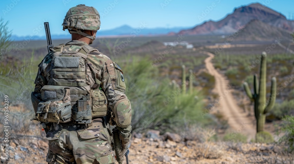 Soldier trekking away on arid desert pathway with majestic mountains in the background Soldier trekking away on arid desert pathway with majestic mountains in the background