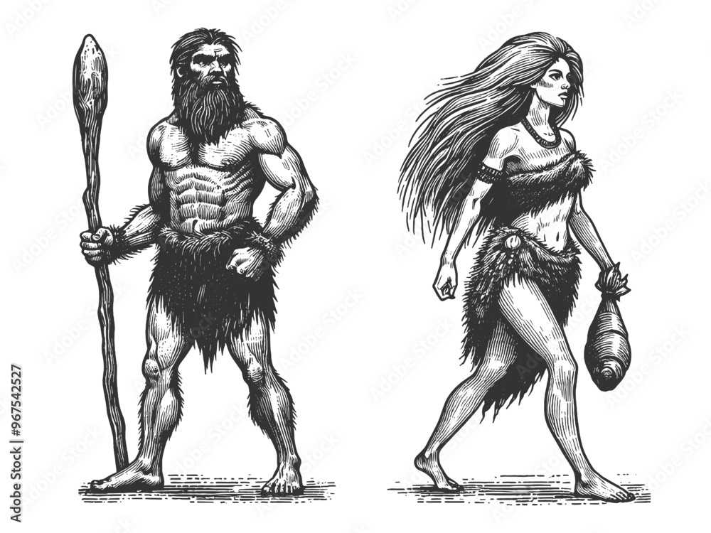 muscular caveman with a spear and a cavewoman holding a club, both ...