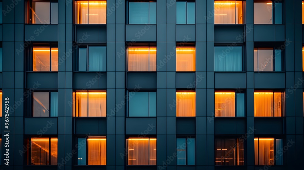 Modern gray building facade, geometric glass windows, sleek architectural lines, reflective surfaces, warm interior lighting, dusk atmosphere, minimalist design, urban cityscape.