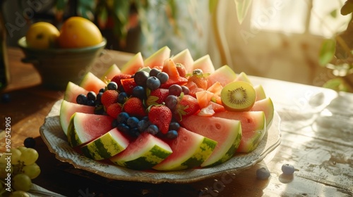 Fresh and Colorful Fruit Platter with Watermelon, Berries, and Kiwi on a Wooden Table in Natural Light photo